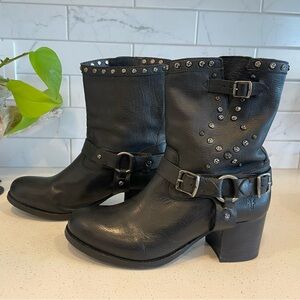 Frye Black Leather Moto Boots with Studded Details